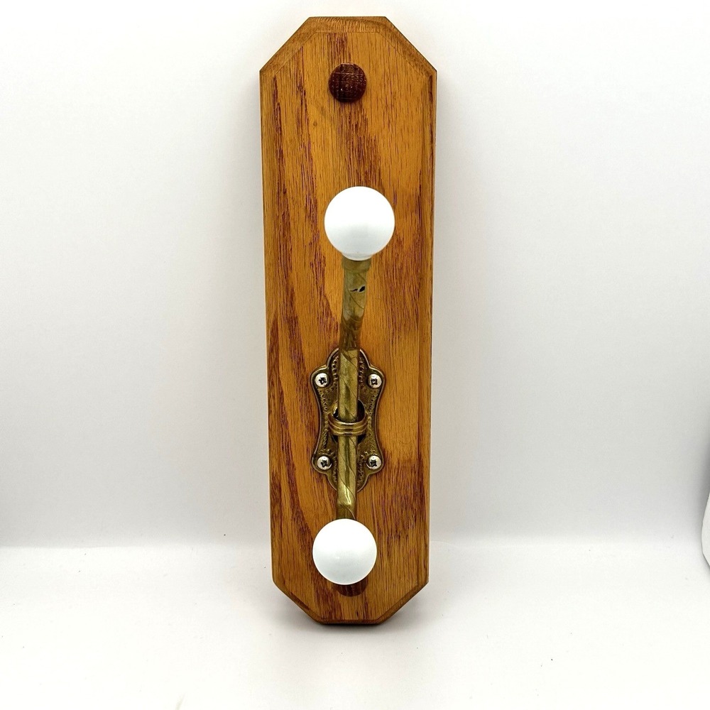 Vintage Wood Wall Coat Hat Hook Brass Double Hanger White Porcelain Knobs 11"